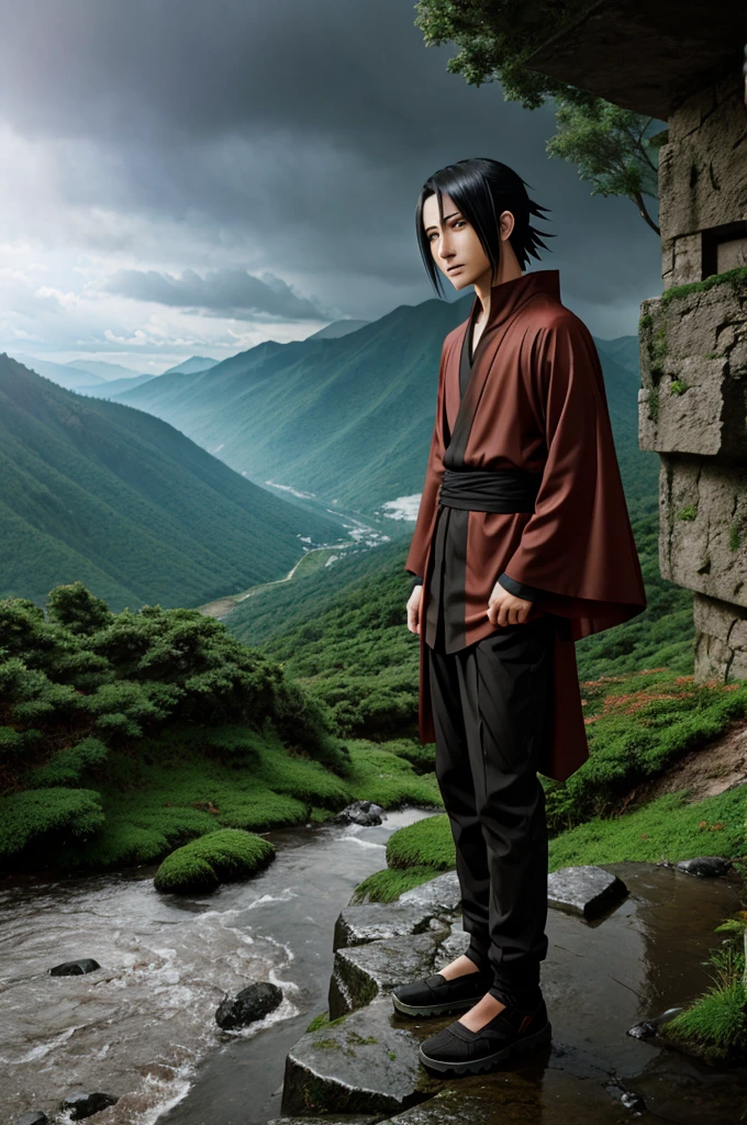Itachi uchiha standing in a mountain cliff during rain, generate in anime type