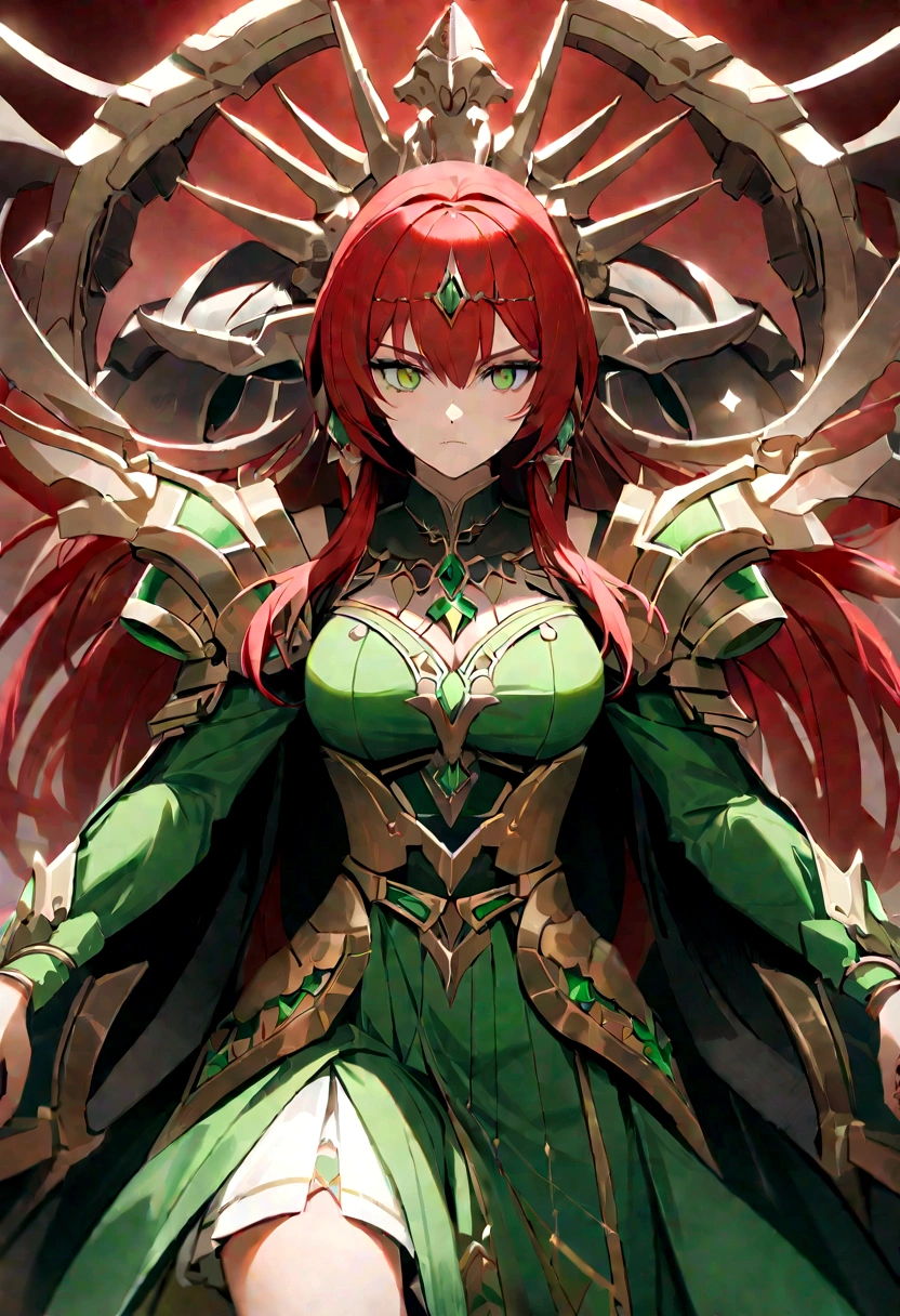 In the realm of anime, a woman with emerald green hair and a headdress takes center stage. She dons heavy armor, its silver surface adorned with intricate red details, symbolizing her strength and resilience. The armor extends down to her greaves and plates, protecting her every move. A vibrant red cape flows behind her, adding a dramatic flair to her formidable presence. Her eyes burn with an intense red hue, reflecting her unwavering spirit and determination. The armor itself shines under the bright lights, with small red details popping out in striking contrast, highlighting her valor and courage. She stands tall, embodying the spirit of the anime world