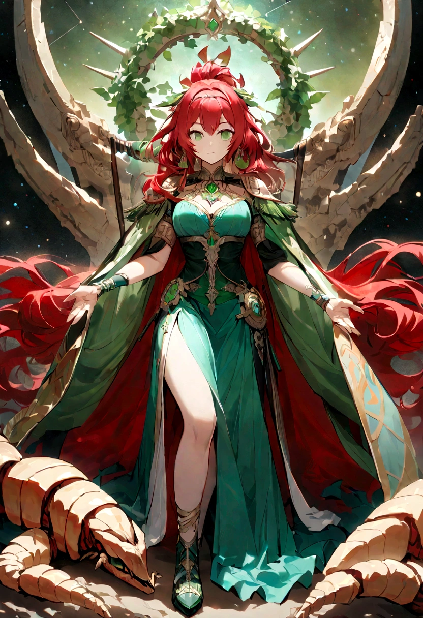 （Huang Li、high quality、Extremely detailed），Constellation - Scorpio Goddess，Huge scorpion，Woman stroking a scorpion，Similar to Latin goodness，brave，capricious，Productivity，The face of enterprising and humanitarianism，Red hair，Ancient Greek costumes、Wrap Dress，The background is the universe，Crystal green eyes（Eyes Details），Powerful appearance