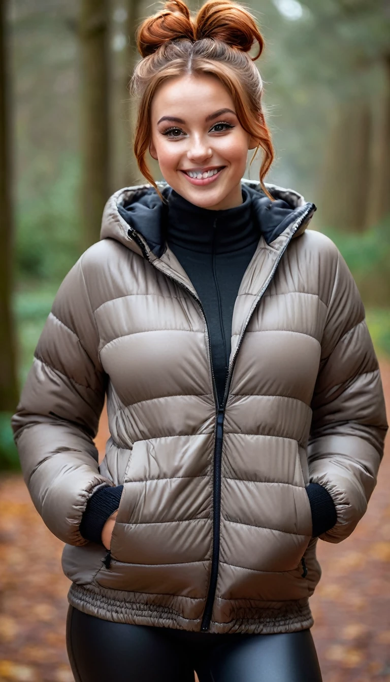 ultrarealistic high quality full body photo of a beautiful busty slim european 25-year-old woman with cute hyperdetailed shy face and natural redhead messy bun hair and shy smile , realistic round hazel eyes, natural lips, dark eye makeup with eyeliner, wearing casual hoodie with shiny puffer jacket and latex leggins, hourglass body, outdoor photography, tanned