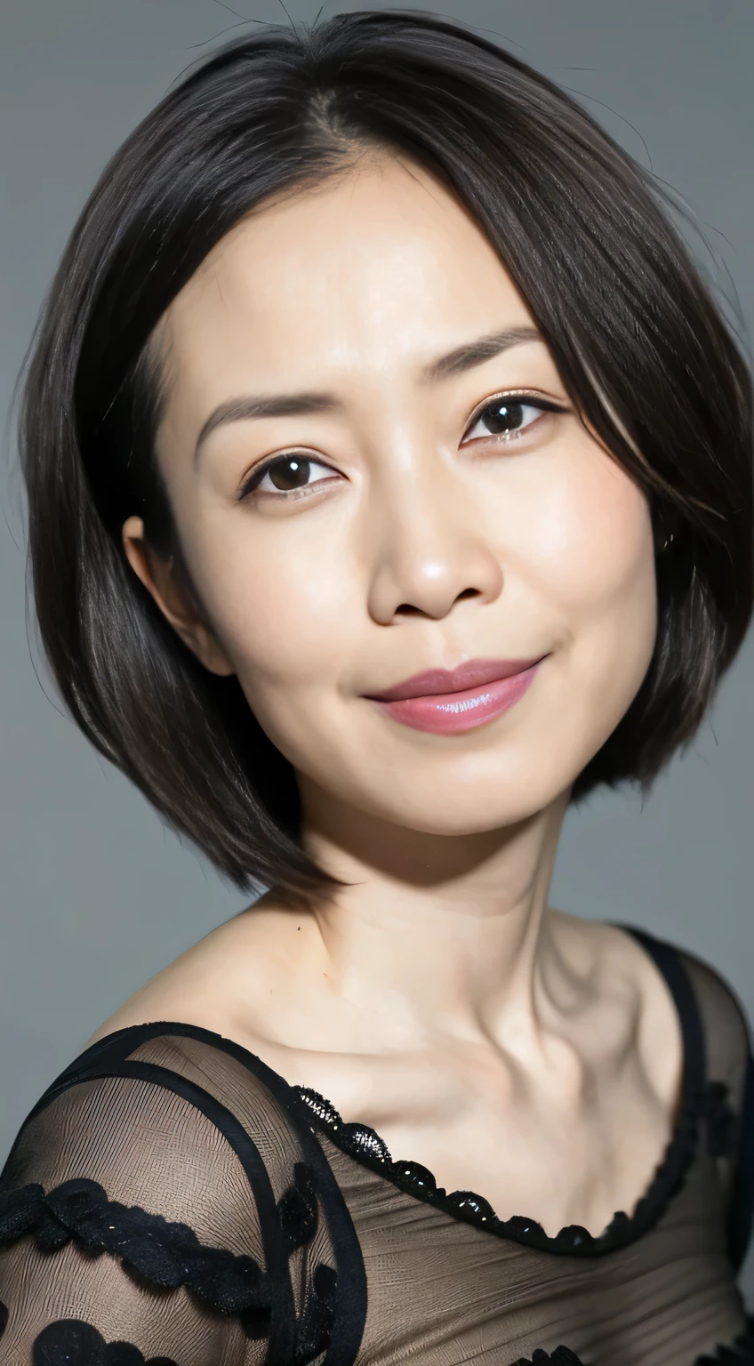 Japanese, Short women, Physical build, Short arms, Long, narrow eyes, Fleeting atmosphere, 40-year-old woman, Brown Bob Hair, ((Thin lips)), one piece, Pieces fly, Highest quality, Detailed skin, Fine grain, ,8K, Excellent anatomy, Upper body portrait、gray plain background、Bright smile