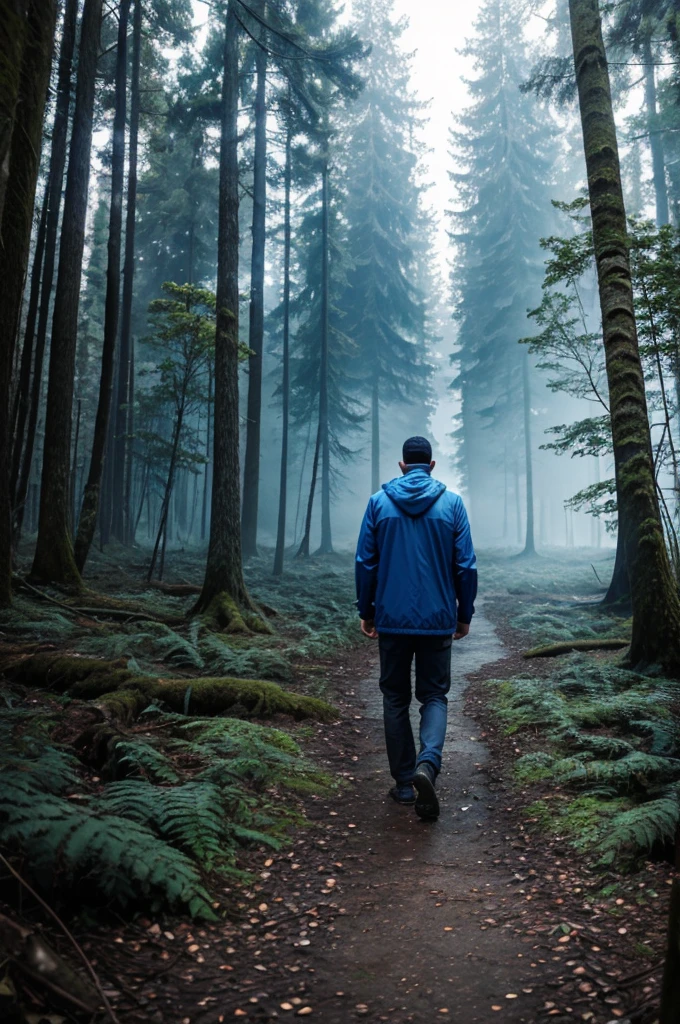 Man walking in the forest blue jacket falls intyo deep sea dead high resolution scary