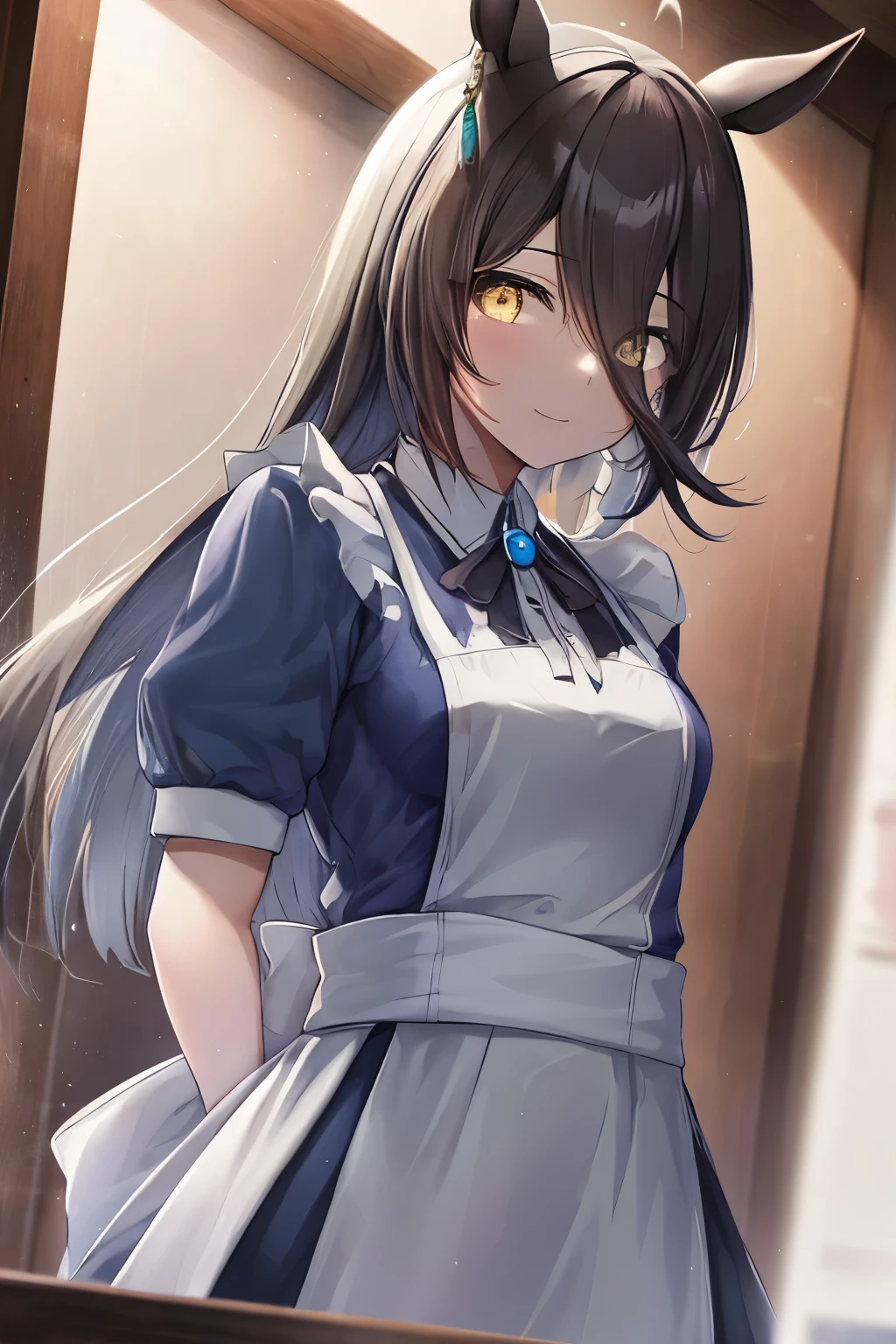 (Tabletop.Highest quality).(Dynamic Angle). (Incredibly detailed CG paintings),(Perfect Image)、Comic Strip.figure.One Girl.Detailed face、Perfect Face.Delicate face、A girl wearing a delicate maid outfit、Textured skin、Black Hair.length、(Horse-eared girl)Horse-eared girl、((Beautiful yellow eyes)).Delicate and beautiful eyes、The eyes are detailed、Reflected Eyes、Watery eye、smile.(Staring at the audience:1.3).(Face is a little red:0.8)、8k wallpaper、Cowboy Shot、reflected light、Highest detail、Complex、Delicate background、Textured skin、Detailed skin、(Ultra-high resolution)、((Maid in uniform))