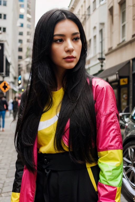 A woman with a sharp face, long black hair, and wearing brightly colored clothes.
