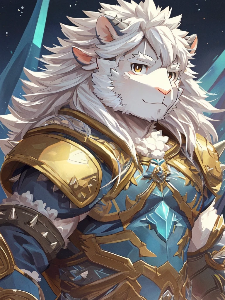 anthro, kemono, male, solo, furry, (((white sheep))), (((white fur))), (((spiky long white hair with sideburns))), blue paladin armor with golden pattern and white cape, (((sheep face, sheep ears))), (((spiky long hair))), mature