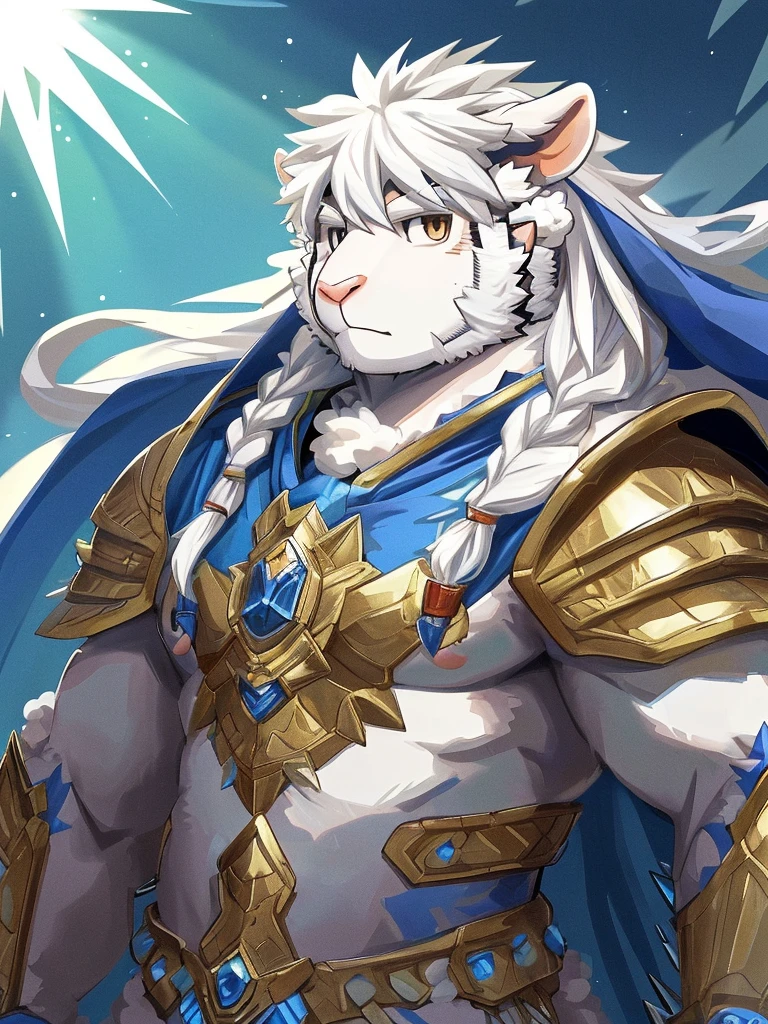 anthro, kemono, male, solo, furry, (((white sheep))), (((white fur))), (((spiky long white hair with sideburns))), blue paladin armor with golden pattern and white cape, (((sheep face, sheep ears))), (((spiky long hair)))