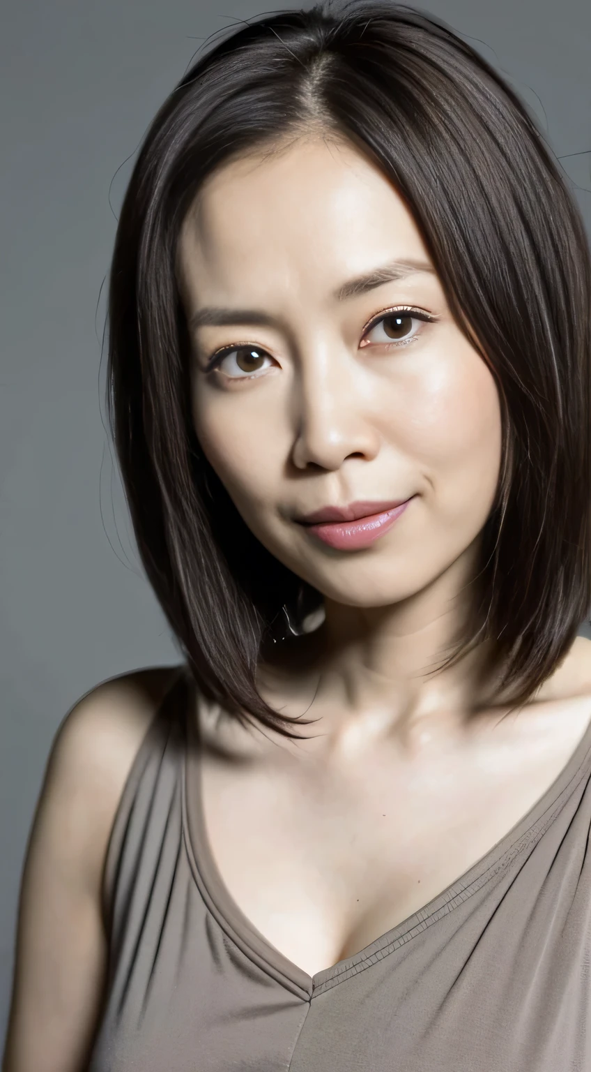 Japanese, Short women, Physical build, Short arms, Long, narrow eyes, Fleeting atmosphere, 40-year-old woman, Brown Bob Hair, ((Thin lips)), one piece, Pieces fly, Highest quality, Detailed skin, Fine grain, ,8K, Excellent anatomy, Upper body portrait、gray plain background、Bright smile