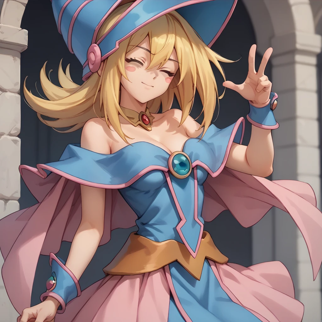 One-eyed wink,closed eyes,
独奏,
DarkMagicianGirl,1girl,blonde hair,blush stickers,
wizard hat,
choker,
bare shoulders,cleavage,capelet,blue dress,see-through,
pink skirt,