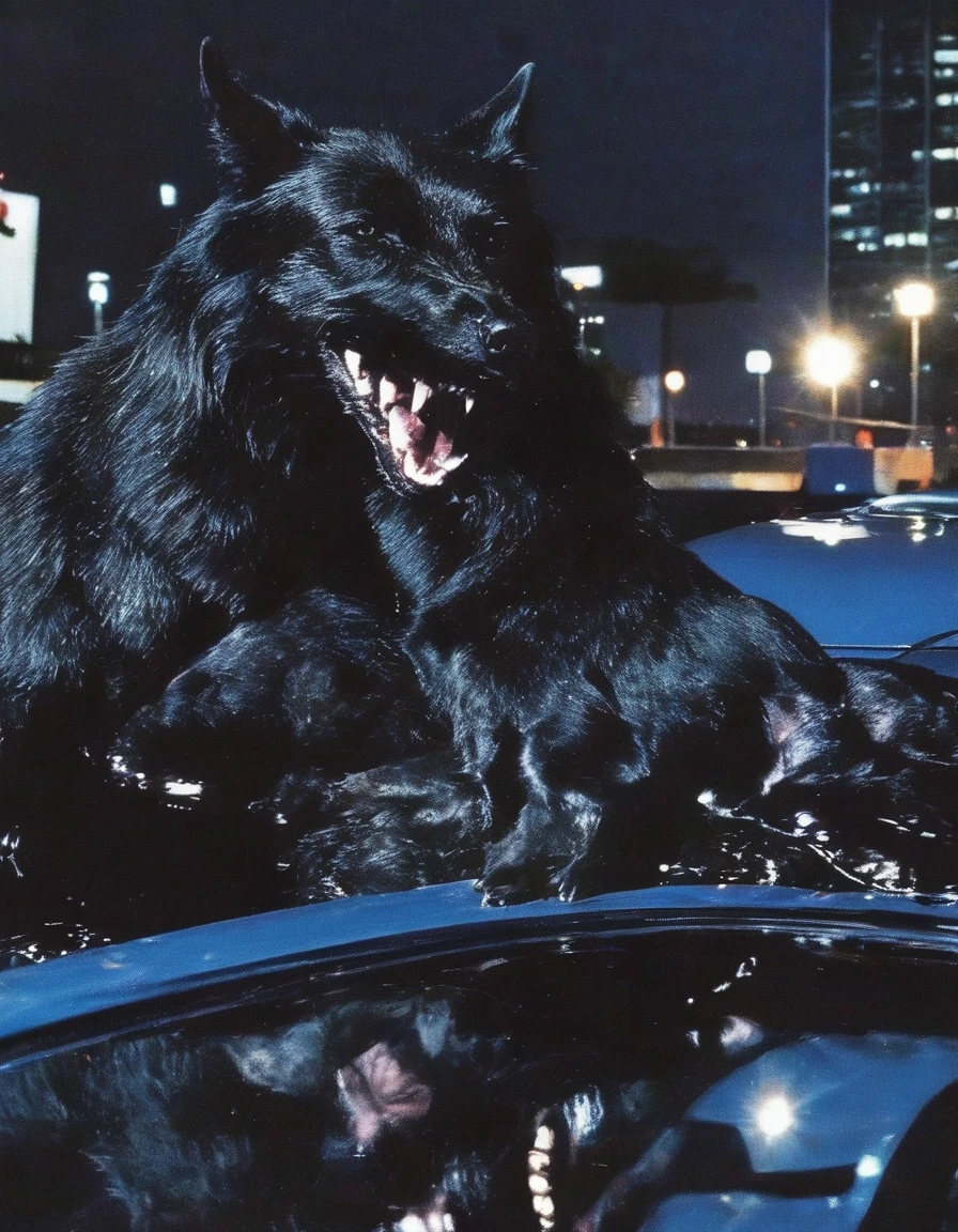 giant black wolf in police car, bangkok at night background