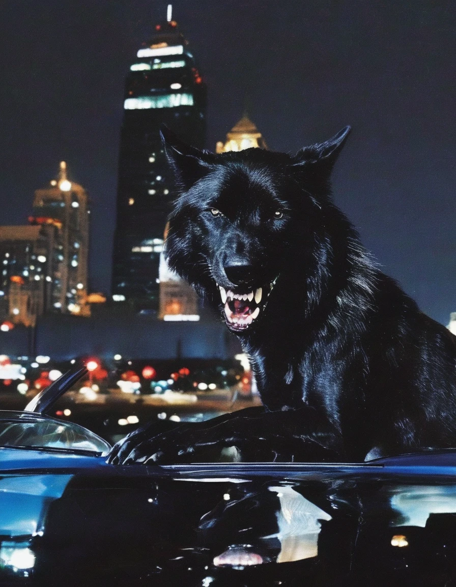 giant black wolf in police car, bangkok at night background