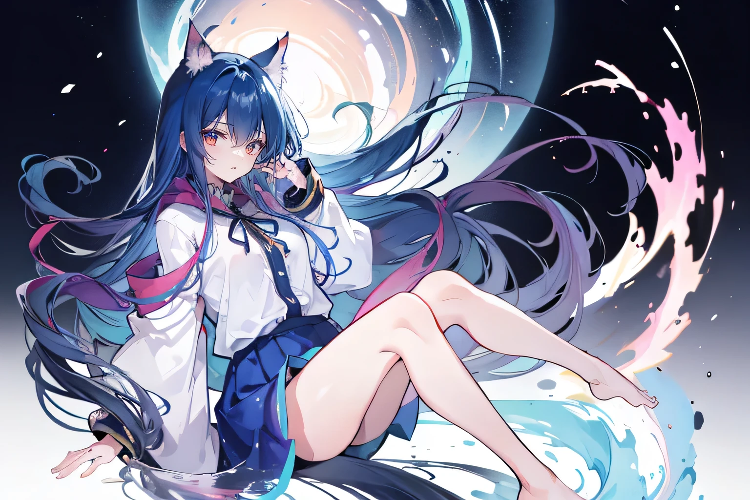 （masterpiece：1.2），Super detailed，lifelike，Expressive eyes，fair skin，perfect face shape，1 girl，
Japanese comics,Gorgeous blue hair,flowing blue hair,flowing clothes,Cat ears,Petals fall,beautiful lola,Baby Angel,
Shaking head with one hand，Cross your legs，Gentle and peaceful background，The pavilion is cool and comfortable,smile, wearing hoodie, background of tokyo,back views,snowing, winter,lie on the water，Lying on the ground。Dark blue gradient hair,asymmetrical hair,（（Hair is very thick 1.8，Chiseled hair 1.6））， Hair over the shoulders, Messy hair, Very long hair, shiny hair，(long dark blue hair:1.2),A beautiful girl，（Transparent clothes transparent 1.8），Perfect body，Big thin legs，slender，(Looks very sad，Looks haggard ，sadness，shut your mouth：1.2） Against the backdrop of an unusually bright dark starry sky，（Put your hands behind your back），（round,Room, Strong breasts），barefoot，float，water surface，（long legs，long legs，long legs，Complete）