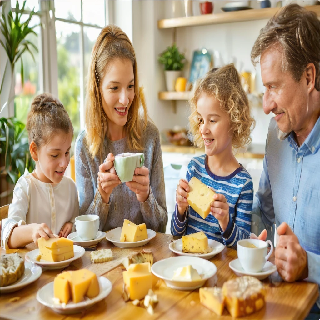 Family ((adult man and woman who are (over 45 years old)) and ((children boy and girl (12 years old each)) sitting at the table with food, Eating cheese, Warm and happy atmosphere, Good morning, Family dinner, photo stop, delicious, cheese on the table, stock, Noon, realistic