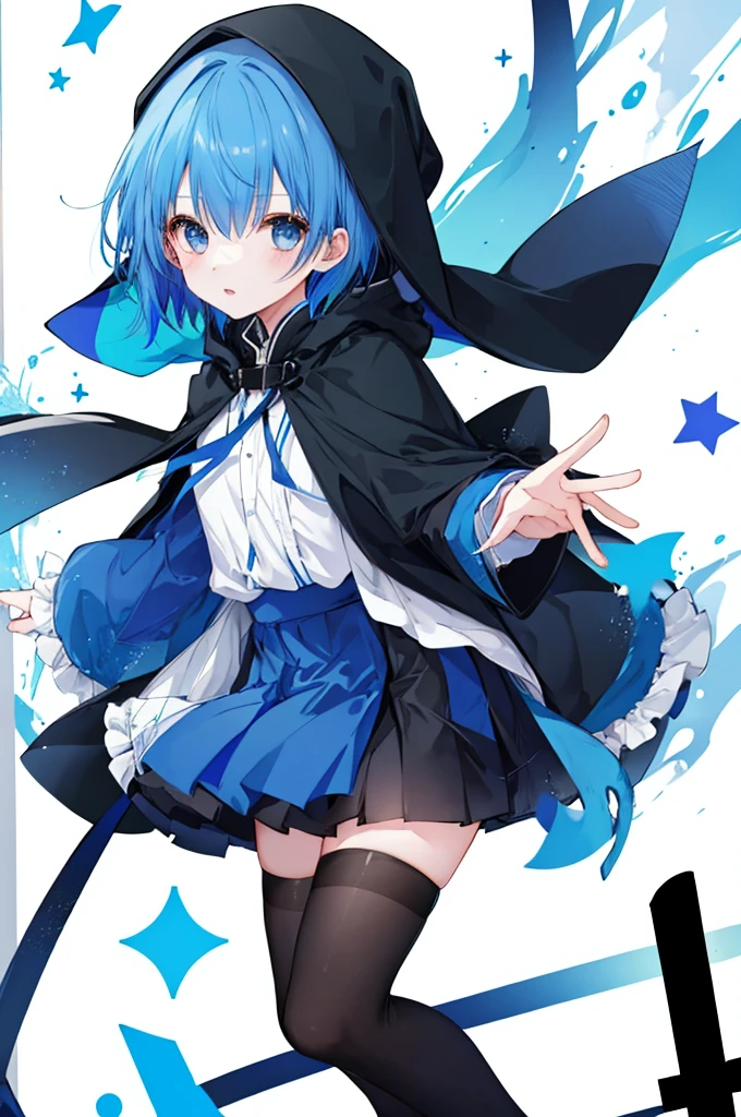 Girl、Blue hair short、Black cloak、stockings