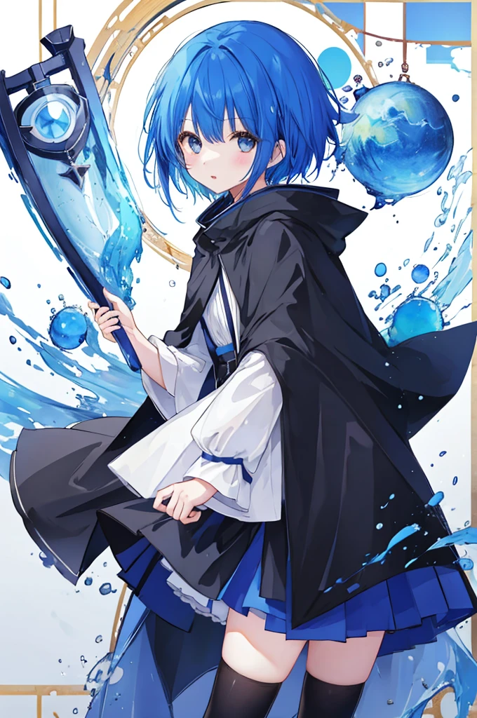 Girl、Blue hair short、Black cloak、stockings