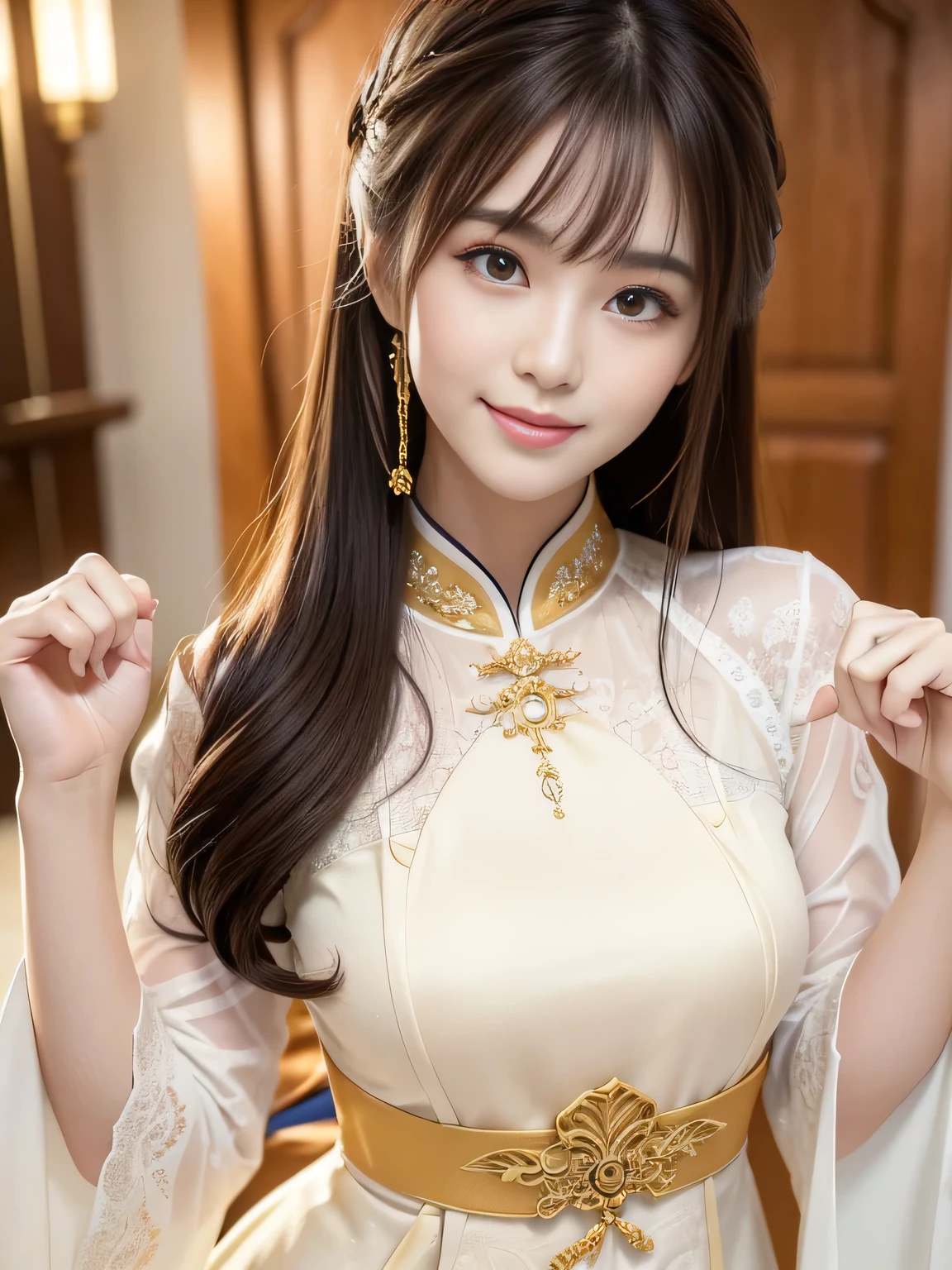 (Best Quality, 8k, 32k, Masterpiece, UHD: 1.3), Attractive Japan Woman Pictures, One Girl, 19 years old , Abs, Perfect Body, Ultra Detailed Face, Detailed Lips, Fine Eyes, Double Eyelids, seductive smile, (white ao dai), light brown hair, bangs, messy hair, (Mischievous smile), elegant pose, sexy girl, Perfect female body, perfect and delicate limbs, Tan Dinh Church, 