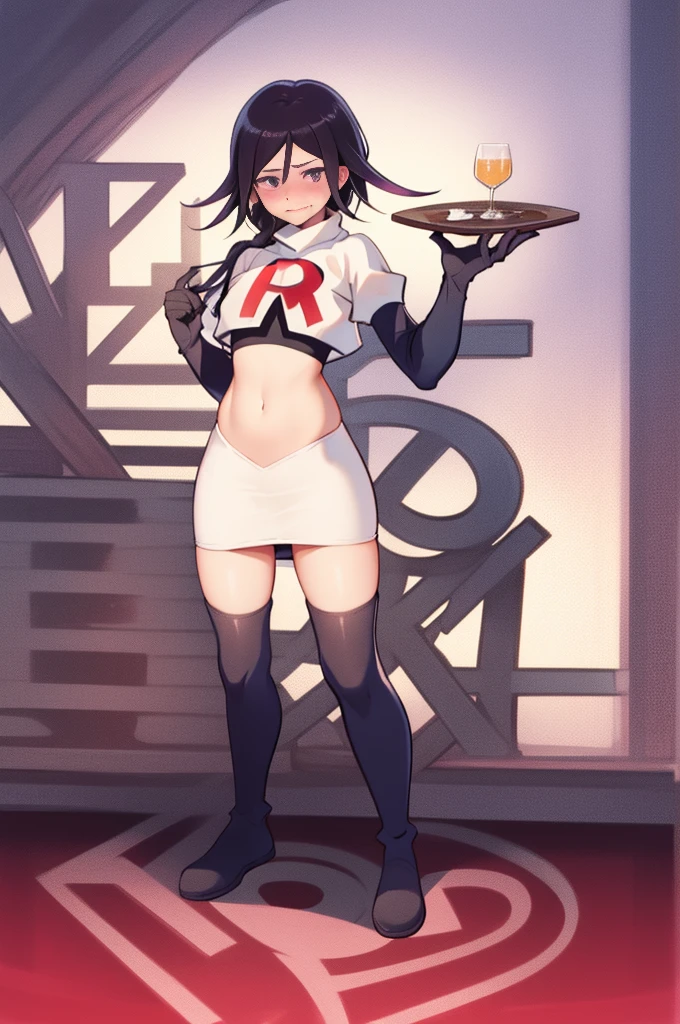 absurd, cowboy shot, alone, male focus, snare, 1st son, dress up,1st son, oma kokichi, team rocket,team rocket uniform,white latex skirt,red letter R,crop top, Black thigh high,black elbow gloves, embarrassing, blush, (pussy노출), (pussy), (Raised skirt)