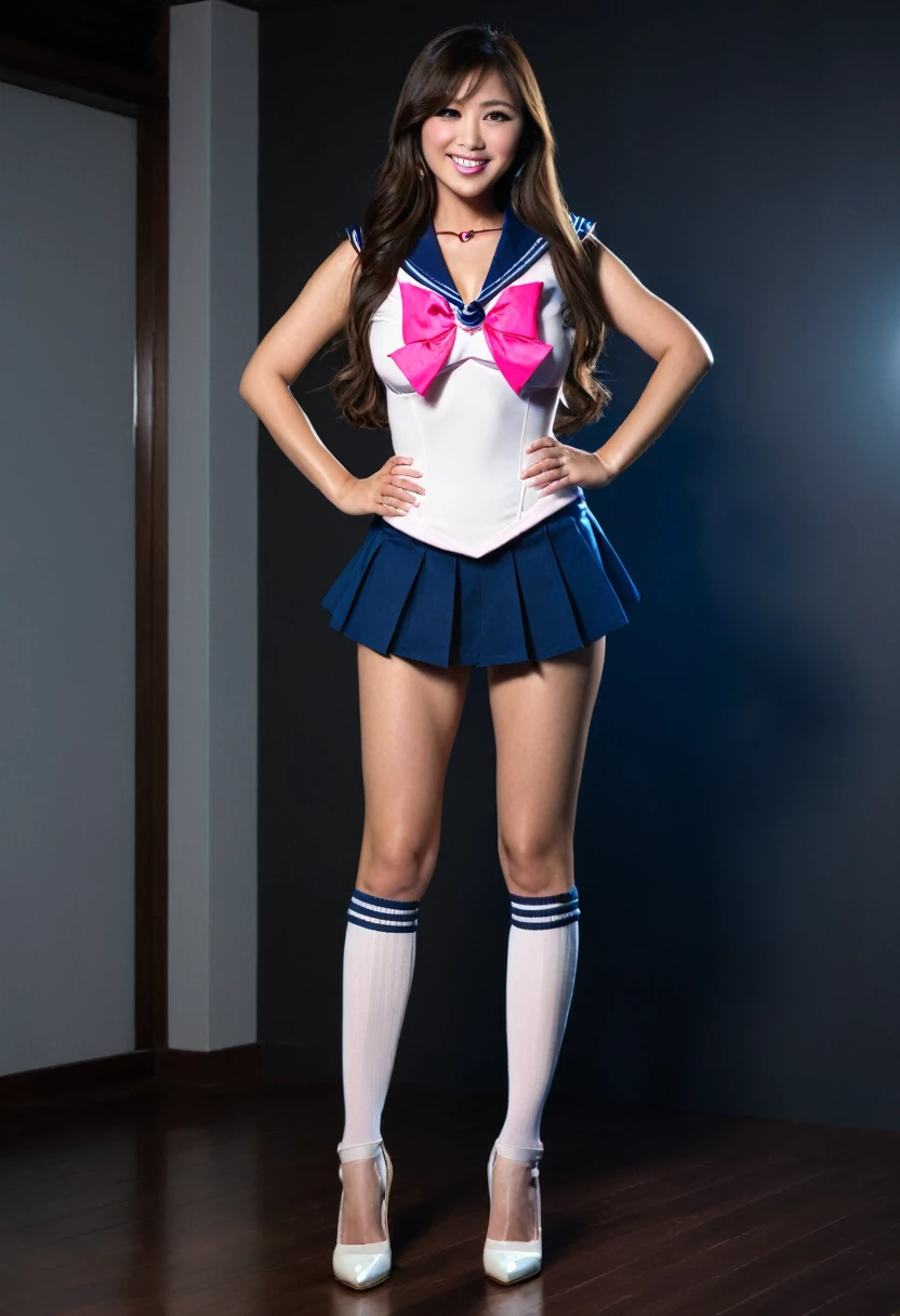 Beautiful asian woman, brunette, big breasts ,ultra realistic, perfect face, long hair, full body photo, sexy smile, standing pose, elegant pose, sailor senshu outfit, pink white and blue, busty, camera flash, dark room