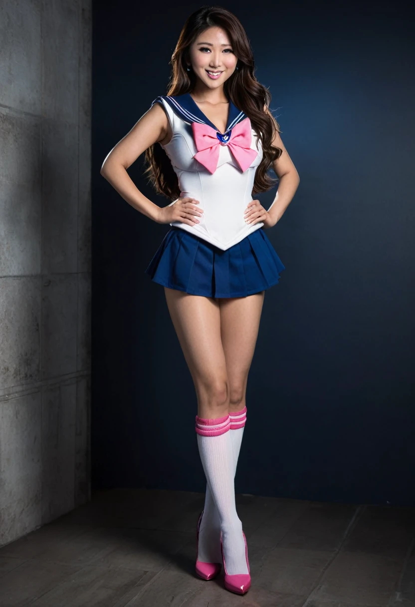 Beautiful asian woman, brunette, big breasts ,ultra realistic, perfect face, long hair, full body photo, sexy smile, standing pose, elegant pose, sailor senshu outfit, pink white and blue, busty, camera flash, dark room