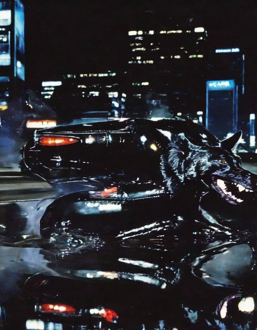 car with giant black wolf barkling inside, bangkok at night background