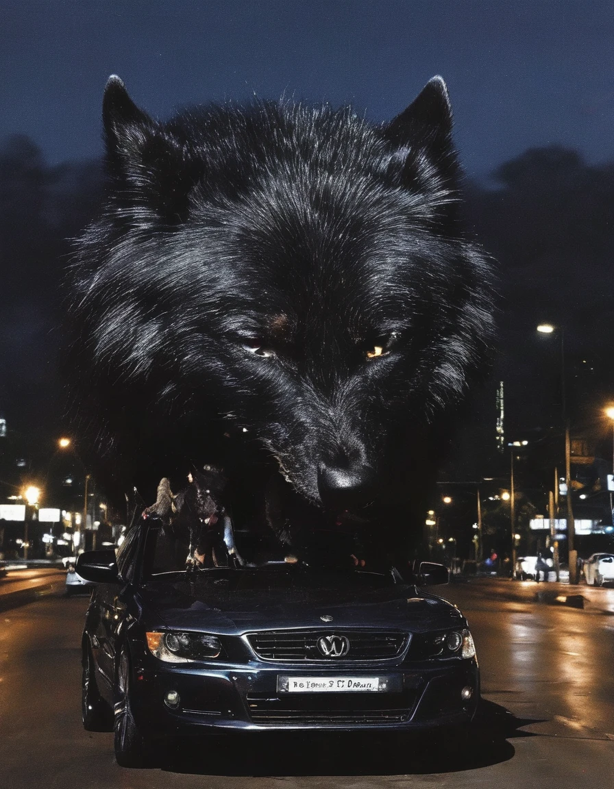 car with giant black wolf barkling inside, bangkok at night background