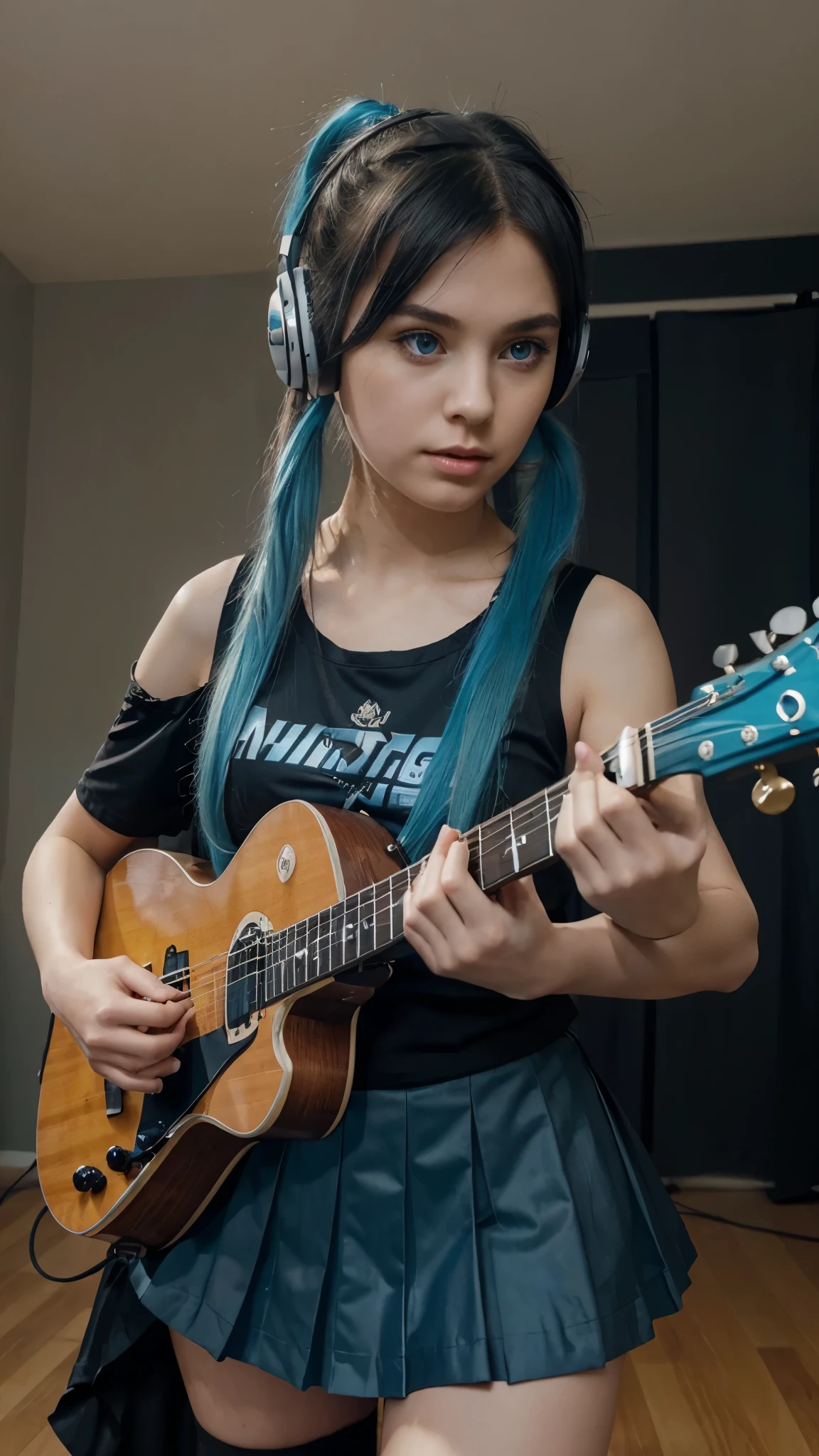 ((masterpiece, best quality))1girl, solo, black dress, blue eyes, electric guitar, guitar, headphones, double ponytail, holding, holding plectrum, instrument, long hair, music, one side up, teal hair, twin tails, playing guiter, pleated skirt, black shirt, interior
