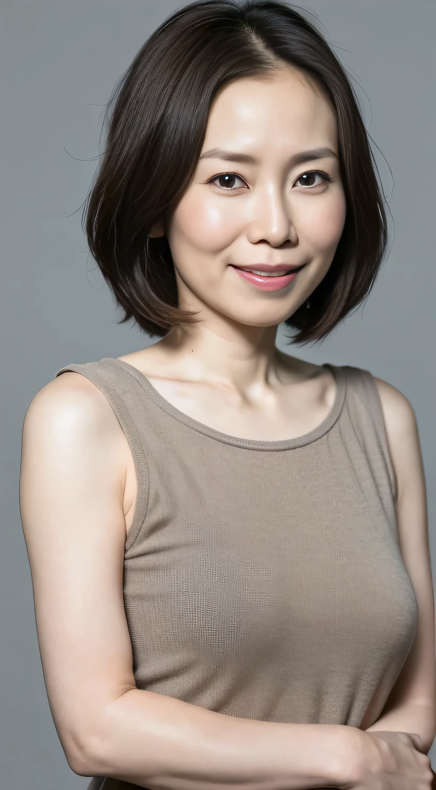 Japanese, Short women,  Physical build, Short arms, Long, narrow eyes, Fleeting atmosphere, 40-year-old woman, Brown Bob Hair, ((Thin lips)), one piece, Pieces fly, Highest quality, Detailed skin, Fine grain, ,8K, Excellent anatomy, Upper body portrait、gray plain background、Bright smile