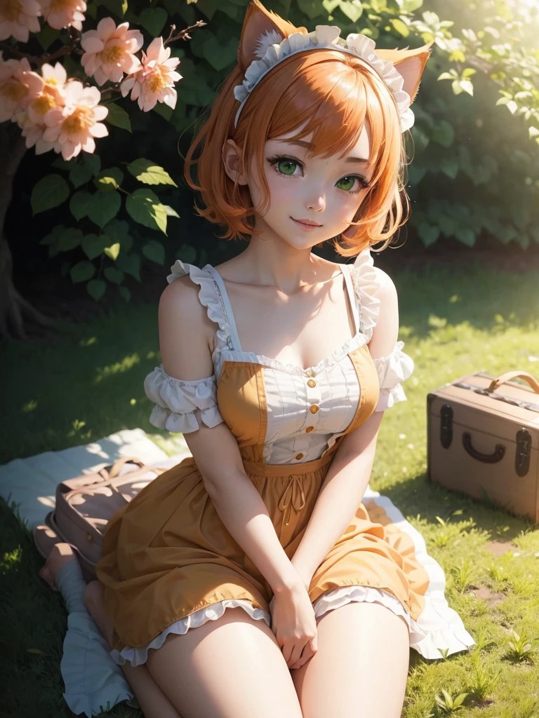 1 girl, neko mimi, li, anime neko mimi orange short hair girl sitting in grass wearing maid outfit, eagle eye perspective, girl looking up with lovely shining green emerald eyes, cutest smile, outdoor background, floating sakura leaves, girl picnicking under sakura tree, cinematic lighting, extremely detailed fingers, body, face, clothes, picnic set props, ultra HD, masterpiece, very very anime style