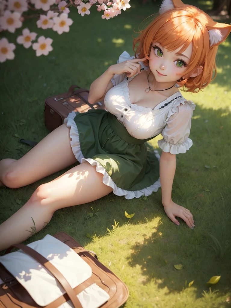 1 girl, neko mimi, loli, anime neko mimi orange short hair girl sitting in grass wearing maid outfit, eagle eye perspective, girl looking up with lovely shining green emerald eyes, cutest smile, outdoor background, floating sakura leaves, girl picnicking under sakura tree, cinematic lighting, extremely detailed fingers, body, face, clothes, picnic set props, ultra HD, masterpiece, very very anime style