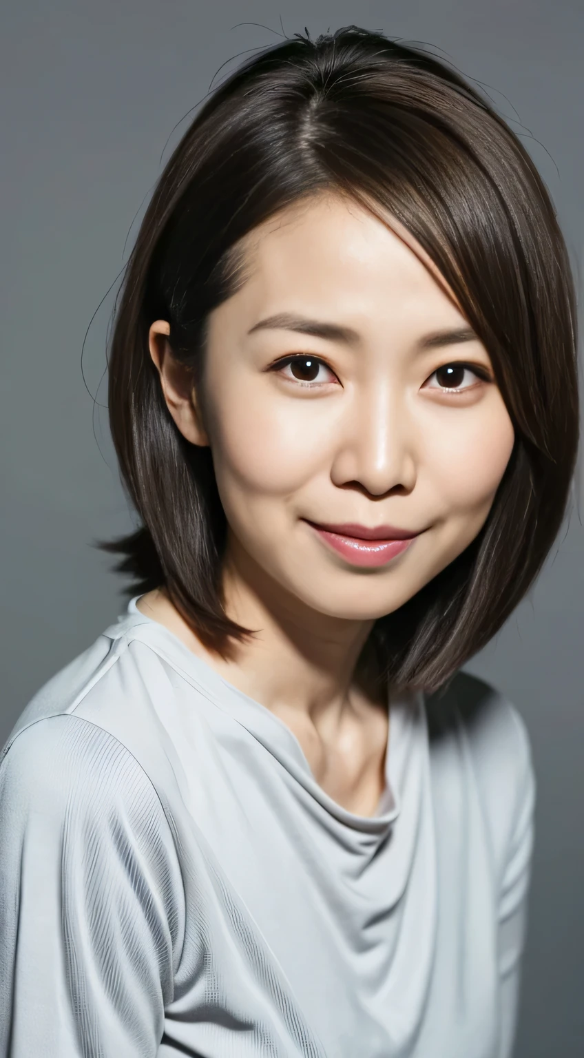 Japanese, Short women, Physical build, Short arms, Long, narrow eyes, Fleeting atmosphere, 40-year-old woman, Brown Bob Hair, ((Thin lips)), one piece, Pieces fly, Highest quality, Detailed skin, Fine grain, ,8K, Excellent anatomy, Upper body portrait、gray plain background、Bright smile