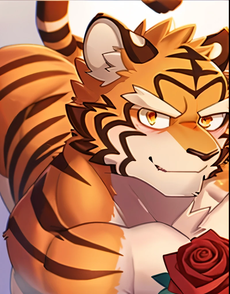 only, furry, furry_male,male focus,muscular male, orange eyes,tiger furry,tiger ears, 1 chico, Alone,looking at the viewer, flirtatious look, blush, giving roses to the viewer