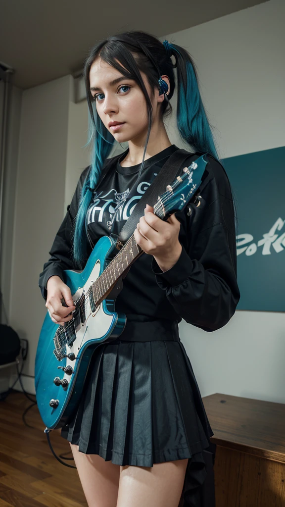 ((masterpiece, best quality))1girl, solo, black dress, blue eyes, electric guitar, guitar, headphones, double ponytail, holding, holding plectrum, instrument, long hair, music, one side up, teal hair, twin tails, playing guiter, pleated skirt, black shirt, interior