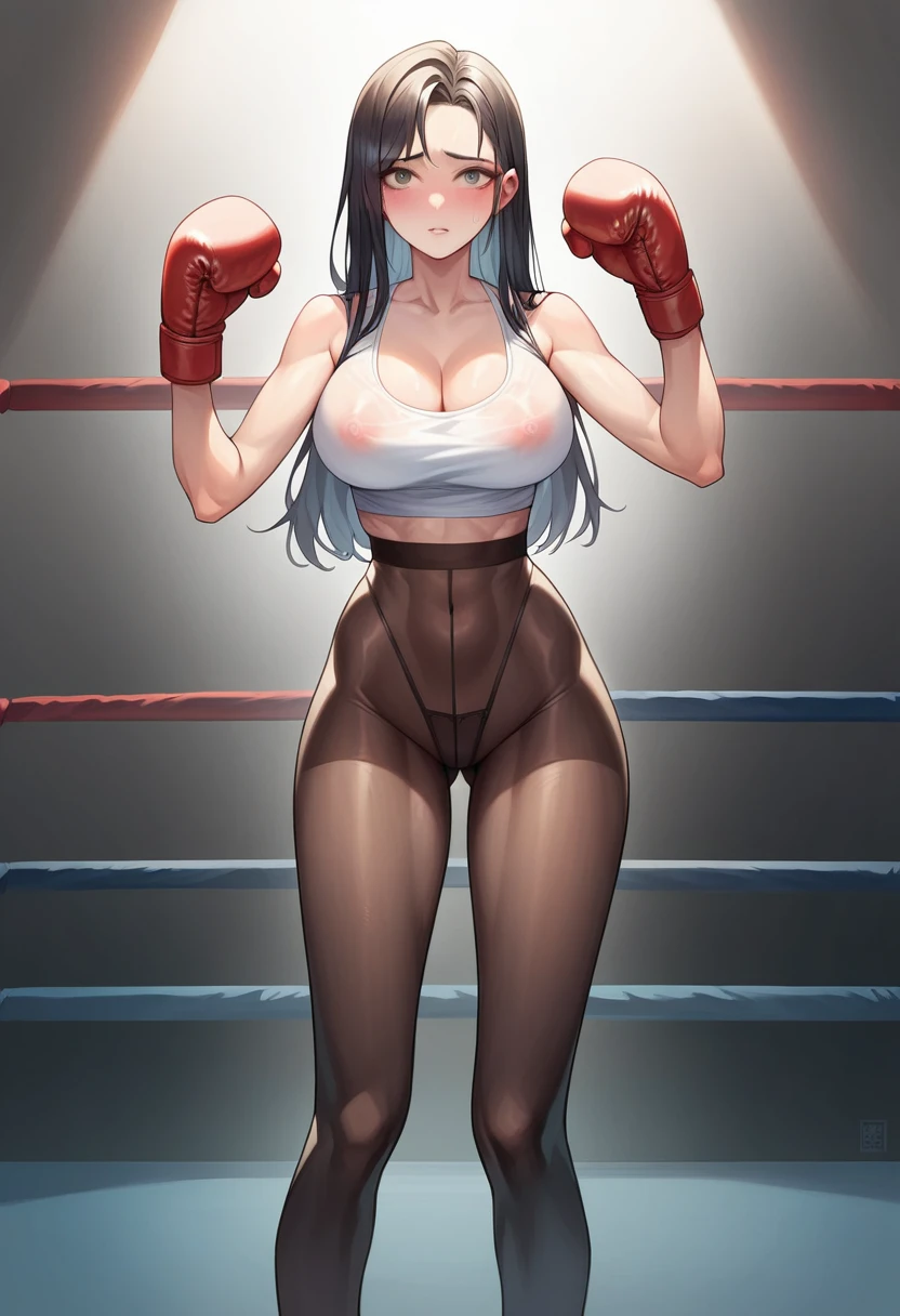 A slim Korean beauty,detailed picture, Shy expression， blush，Light long hair, Wear transparent erotic underwear, Wearing black tights, Wearing boxing gloves, Standing alone in the boxing ring in a calm posture，Large Breasts,Cleavage,Long legs，Thin waist，nipple