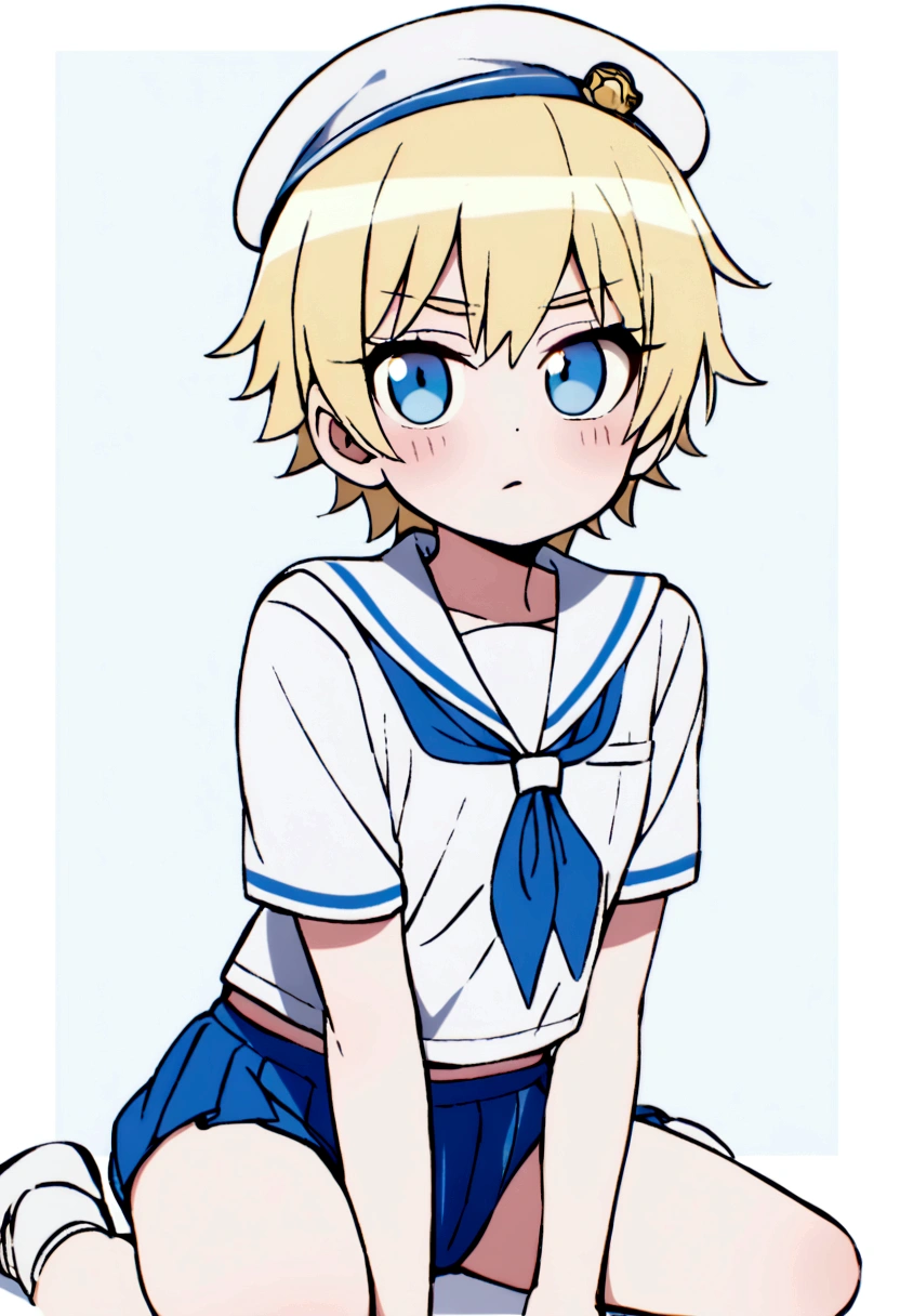 Blonde,wolf cut. Shota, sailor suit, sailor hat, blue eyes, tomboy, Naughty
