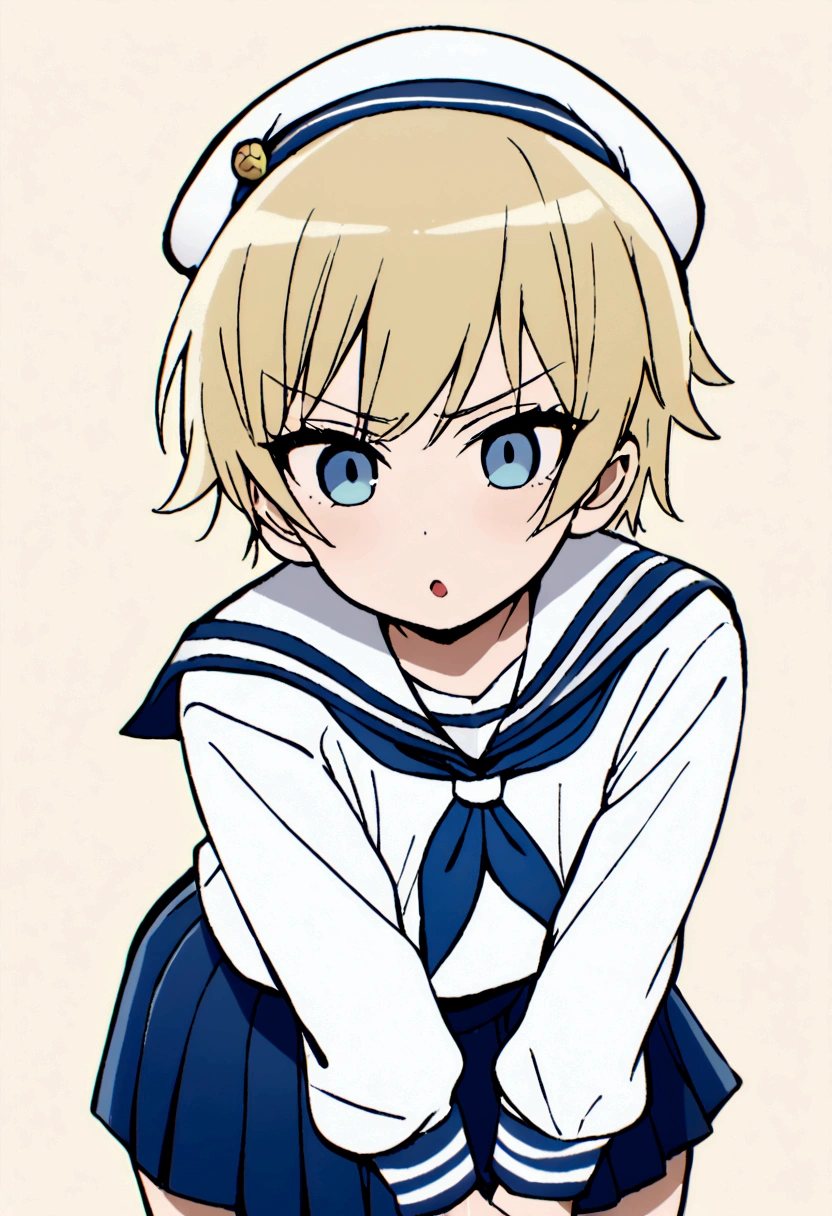 Blonde,wolf cut. Shota, sailor suit, sailor hat, blue eyes, tomboy, Naughty
