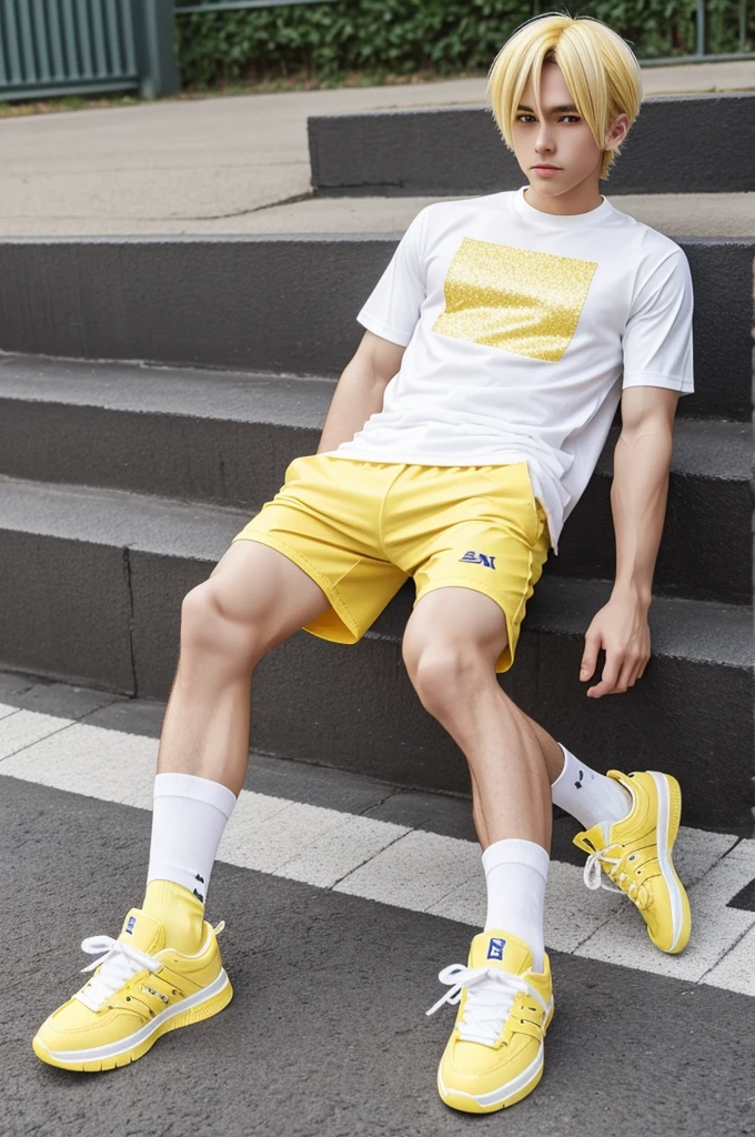 Anime boy blonde glitter shirt yellow shorts with long white socks and shoes sneakers