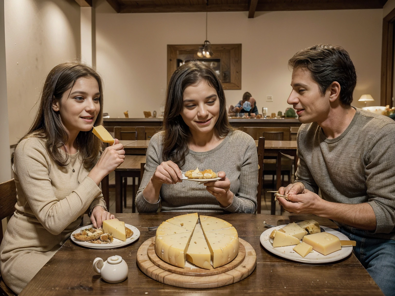 Family ((adult man and woman who are (over 45 years old)) and ((children boy and girl ( each))) sitting at the table with food, Eating cheese, Warm and happy atmosphere, Good morning, Family dinner, delicious, cheese on the table, Noon, realistic