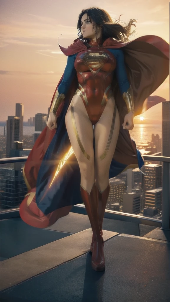 Generates a stunning image of Superwoman. Superwoman is in a powerful stance, with his iconic costume that includes a red cape fluttering in the wind, a golden S on his chest and bright blue and red colors. She stands on top of a skyscraper in a modern city, with a sunset sky in the background. The image must transmit strength, courage and hope, with sharp details and a realistic art style