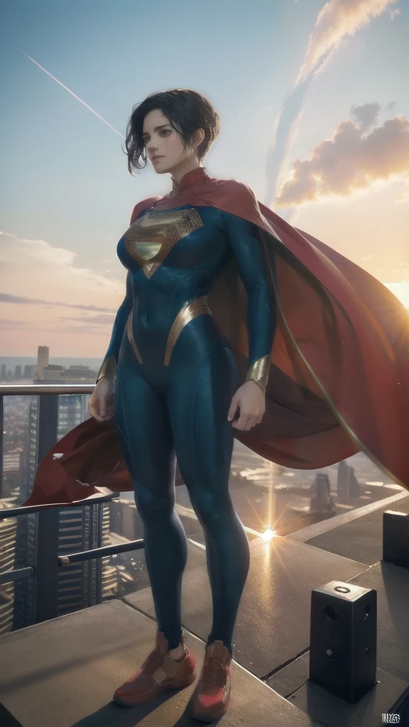 Generates a stunning image of Superwoman. Superwoman is in a powerful stance, with his iconic costume that includes a red cape fluttering in the wind, a golden S on his chest and bright blue and red colors. She stands on top of a skyscraper in a modern city, with a sunset sky in the background. The image must transmit strength, courage and hope, with sharp details and a realistic art style