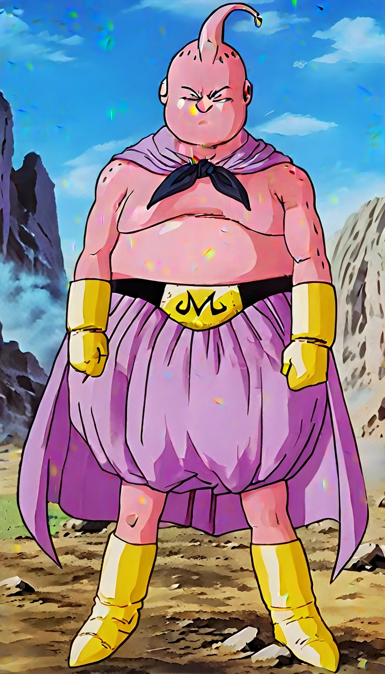 solo, majin buu,short, (completely nude:2.5),(angry:2),fighting_stance,in wasteland,destroyed rock,(soft shading), 4k, hi res, ((detailed face, (detailed eyes:1.0), detailed)), (full body), looking at viewer, 1boy, upper body, male focus,nude,(bare_legs:1.5),(???????:1.5),( shirtless:2.5),torn clothes,bare pectorals, fighting stance,