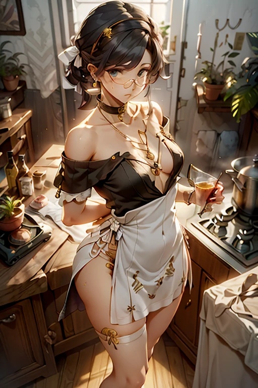 (from above:1.2), (perky chest:1.2), (pointed chest:1.2), 1girl, Bust A Cup, Amazing Cleavage:1.1, thin waist, big ass, Raised sexy, small breast: 1.1 posed cleavage:1.2、solo, looking at viewer, have a cute glass of cute beergrass,black hair, dark green eyes, dress, bare shoulders, jewelry, collarbone, sidelocks, hairband, earrings, indoors, off shoulder,  arms behind back, plants, short hair with long locks, gild hairband, off-shoulder dress, sweater dress, off-shoulder sweater, red sweater, dark gord hair, big side hair, very long side hair,is rendered in (masterpiece: 1.2, best quality), with (ultra high resolution) and an exquisite (depth of field). This masterpiece is not only visually stunning but also tells,A scene of cooking in the kitchen