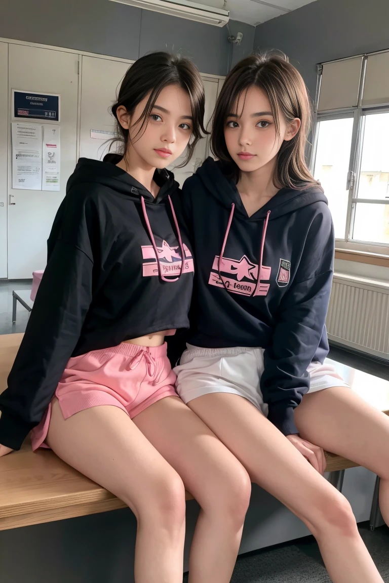 deux femmes ensemble de 18 ans sexy et mince , pink short sleeve hoodie , salle de classe, se touche,position sey,sensuel