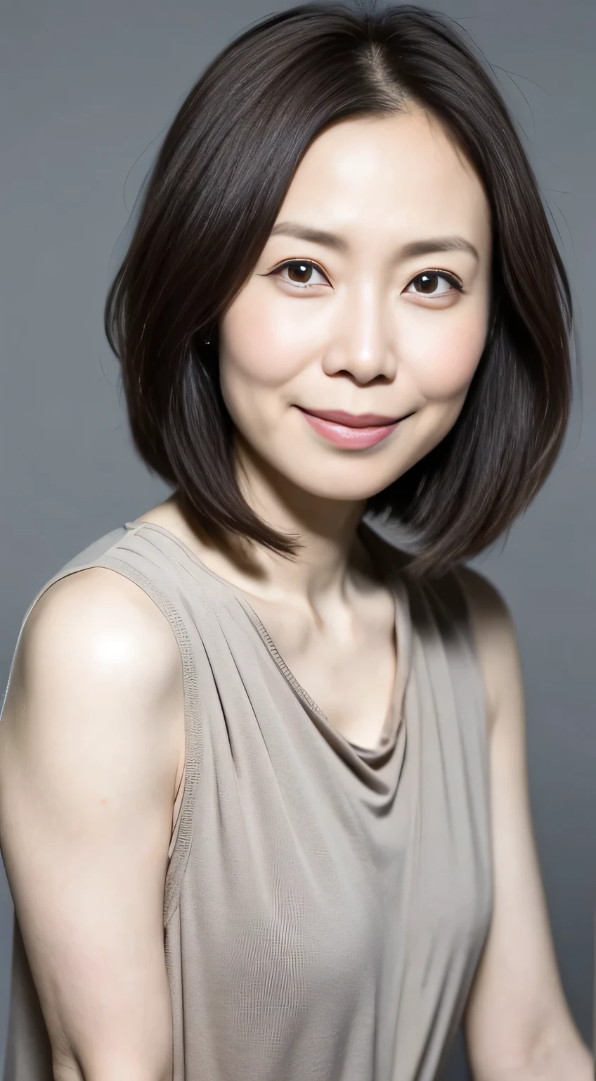 Japanese, Short women, Physical build, Short arms, Long, narrow eyes, Fleeting atmosphere, 40-year-old woman, Brown Bob Hair, ((Thin lips)), one piece, Pieces fly, Highest quality, Detailed skin, Fine grain, ,8K, Excellent anatomy, Upper body portrait、gray plain background、Bright smile