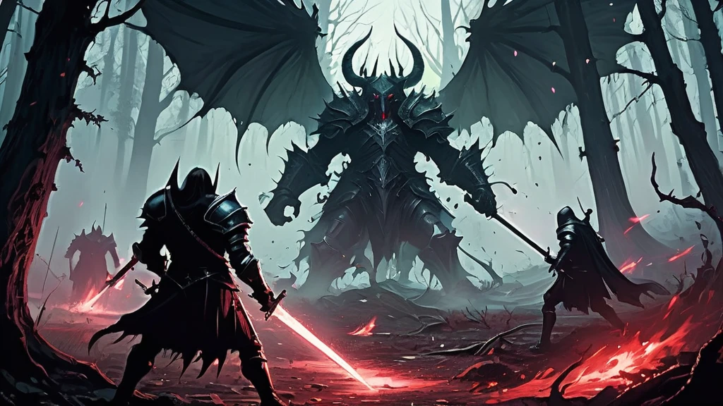 Amidst the twisted, ancient trees of the Shadowgrove Forest, a fierce battle rages. The air is thick with the clash of steel and the roars of otherworldly beasts. On one side, armored knights, their armor glinting faintly in the dim light, stand resolute, their banners bearing the sigils of a forgotten kingdom. Their swords and shields, marked by countless battles, glisten with the dark blood of their foes.
Opposing them are the dark creatures, nightmarish beings born of the forest’s darkest magic. Hulking, misshapen figures with glowing red eyes and jagged claws, these creatures move with a feral grace, their snarls and growls reverberating through the trees. Shadowy wraiths drift among them, their spectral forms exuding an eerie, otherworldly chill.
The forest itself seems to react to the violence, with twisted roots and branches moving as if alive, hindering the knights’ movements while aiding the dark creatures. The ground is littered with the fallen, both human and beast, their blood mingling with the earth and staining the forest floor.
In the center of this chaos, a lone knight, distinguished by a tattered crimson cape, leads the charge against a massive, horned demon wielding a jagged blade. The knight’s sword glows with an enchanted light, clashing against the demon’s weapon in a shower of sparks.
Above, the canopy barely allows the light of the setting sun to penetrate, casting long, eerie shadows that dance in the flickering light of the battle. The sounds of war—shouts, roars, the clang of metal—echo through the woods, creating a symphony of chaos and despair.
What ancient feud has brought these forces to this deadly confrontation? What dark magic fuels the creatures, and what hope do the knights hold in stemming the tide of darkness? This AI-generated image captures the intense and grim atmosphere of a medieval dark fantasy war in the woods."