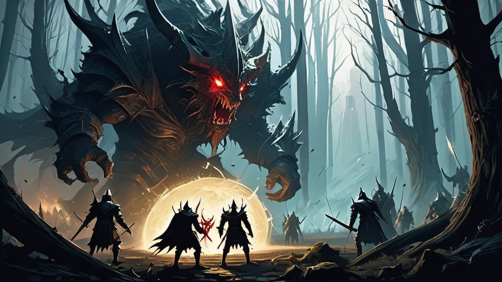 Satanic ritual in forest, hooded people in circle, around monster, demon in the middle, hazy background, realistic epic, rutkowski, hdr, intricate details, hyperdetailed, cinematic, rim light, muted colors: 1.2, dark fantasy, dark sky, with dark mountains in the background, dark atmosphere, fear, horror, torches of fire, red, dark forest, night, scary, darkness