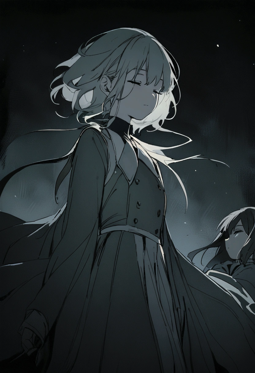 two anime sleeping girls, detailed, medium swooping shot, soft light, glow, night atmosphere, (muted colors: 1.2)