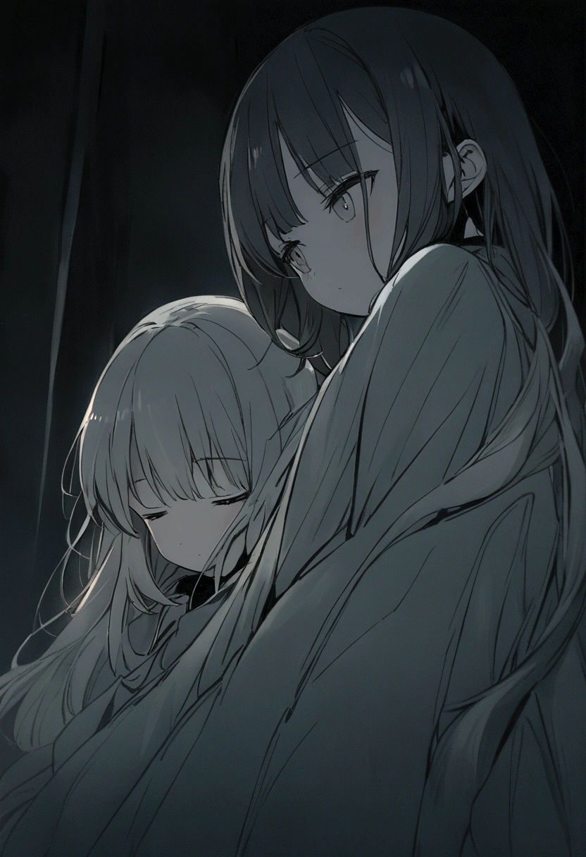 two anime sleeping girls, detailed, medium swooping shot, soft light, glow, night atmosphere, (muted colors: 1.2)