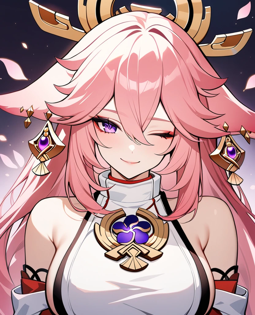 One girl, yae miko, Genshin Impact, Upper Body, Pink Hair, Very long hair, Fox Ears, White shirt, chest, View your viewers, smile, Close one eye, petal, masterpiece, Highest quality