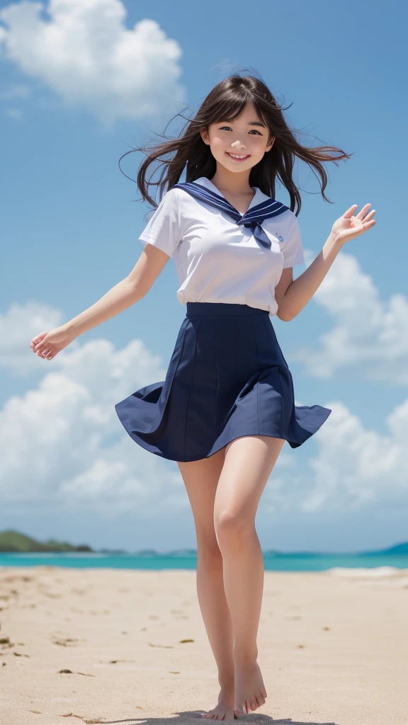 1girl,(((Okinawa ocean)))、(((White sand beaches in Okinawa)))、(((Just join your hands and pray)))、(((Mysterious look)))、8k UHD、Digital single-lens reflex camera、High resolution、Shallow depth of field、Natural light、(((Sailor suit)))、へそ出しルック、(((navy blue super mini skirt)))、(((A sparkling, charming smile)))、(((Full body photography)) )、Small person、(((Young face)))、1 Japanese female、12 years old;beautiful girl、(Black Hair)、A strong wind blows up my skirt、(((Brown eyes)))、Glowing Skin、Smooth Thinning Hair、Long Hair、Detailed background、Detailed eyes and face、Clear Eyes、Cute smile、Calm atmosphere、(((stage)))、(((Small breasts)))、(((Beautiful Eyes)))、Flat chest、Children、(((Toned thighs))) 、(((Angle from below) ))、(((Fine lips)))、(((Skirt fluttering)))、Shining beautiful legs、( Skirt fluttering violently in the strong wind :1.4),   (hair blowing in the strong wind:1.4), (leaning forward)、barefoot、barefoot、((((A skirt flipped up by a strong wind))))