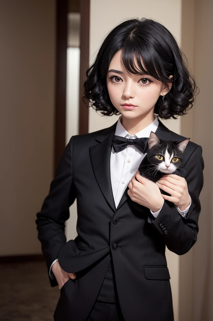 create an image of a small cat, with curly black hair, in a suit, while you're tearing up