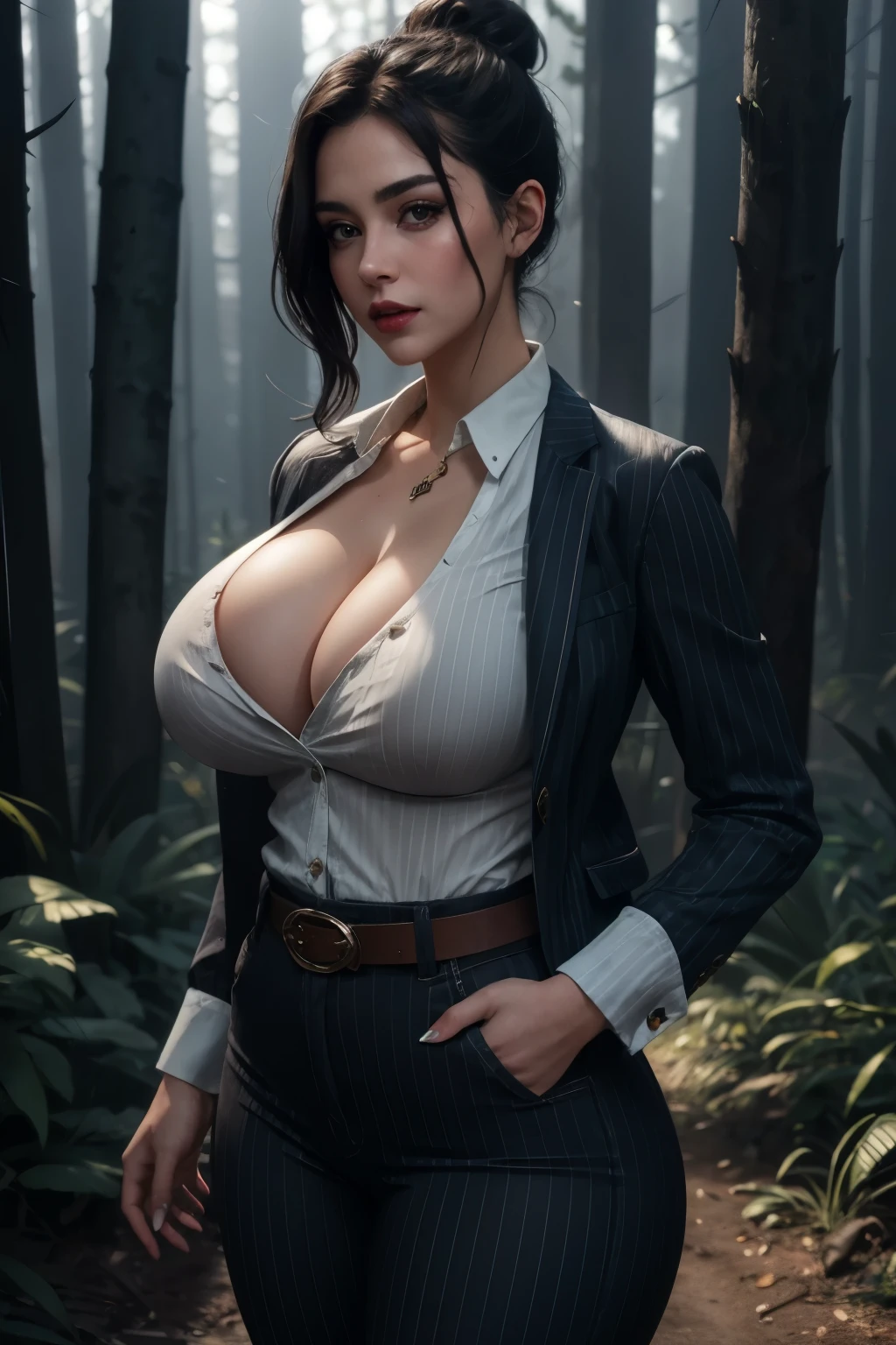 (masterpiece), best quality, photorealistic, 1girl, janerodbd, glowing eyes, black eyes, lips, dirty face, dirty clothes, latina, pinstripe jacket, pinstripe pants, shirt, high-waist pants, belt, black hair, single hair bun, cowboy shot, simple background, creepy forest, myst, night sky, (looking at viewer:1.2), confident, flustered, naughty face, perfect lighting, curvy, thick, wide hips, (large breasts:1.5), cleavage,